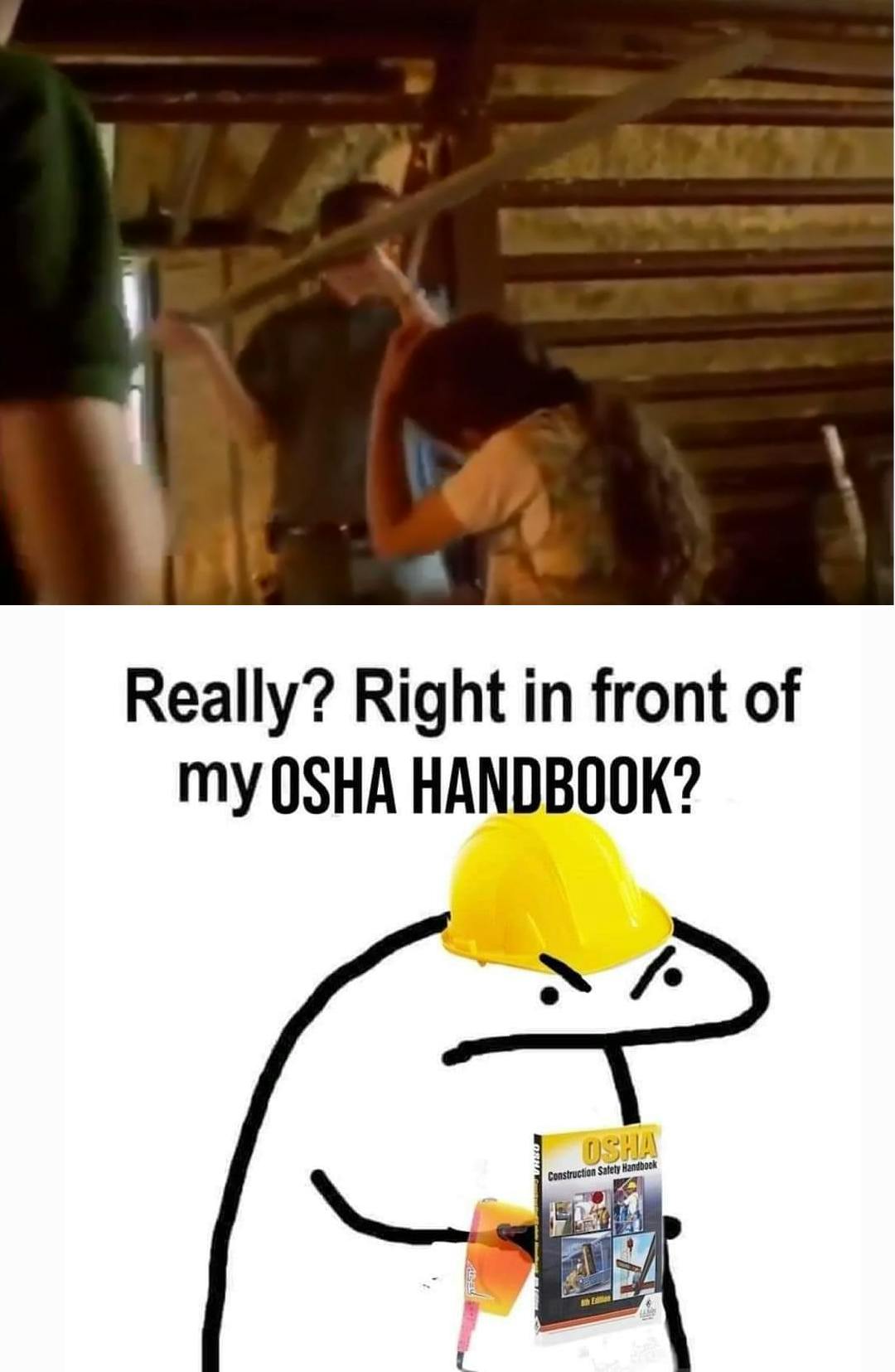 Drawing of an angry guy with an OSHA handbook under a screenshot of a board of wood almost hitting a child.