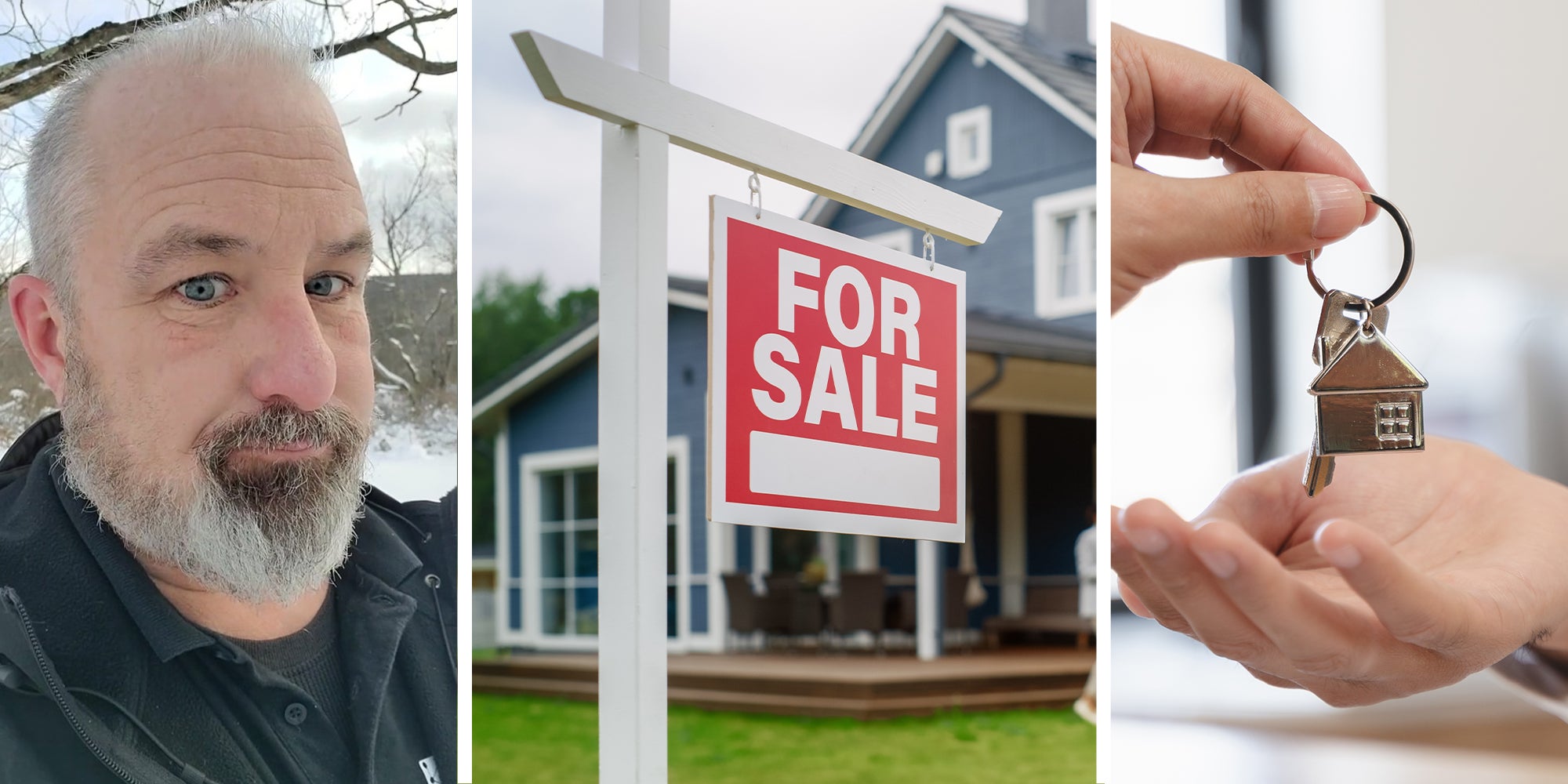 man sharing reason for realtor inspection(l) For sale sign In front of house(c) Key being handed over(r)
