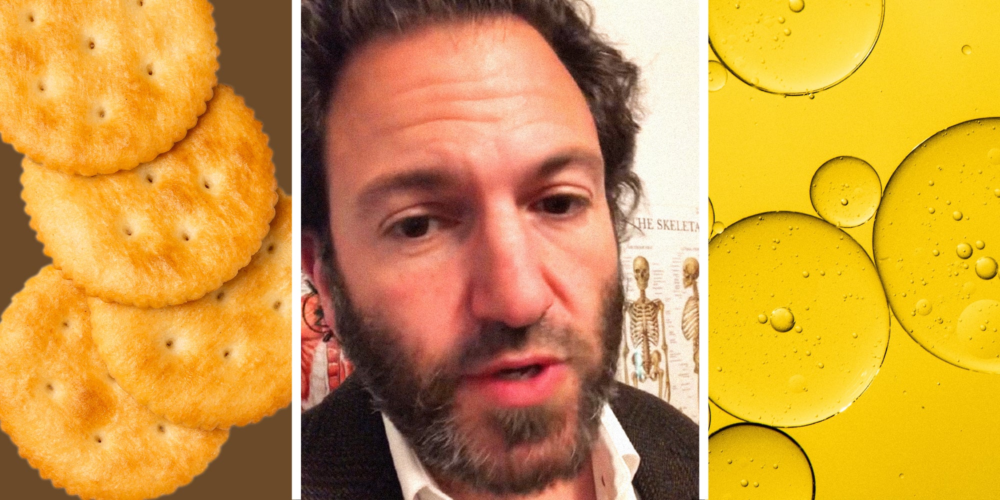 3 panel image: on the left are some Ritz rackers, in the middle a person with a beard speaks, and on the right we see a pool if cooking oil.