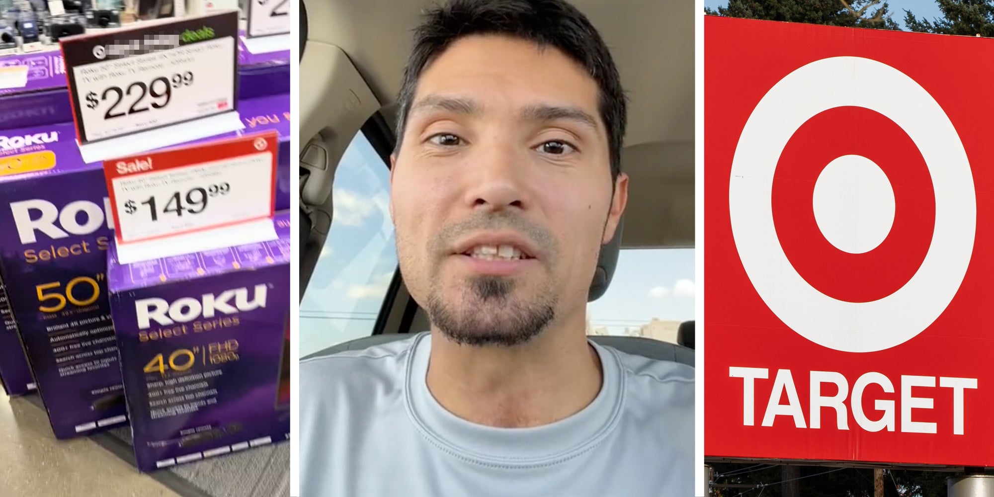 Roku TVs in boxes(l), Man talking(c), Target sign(r)