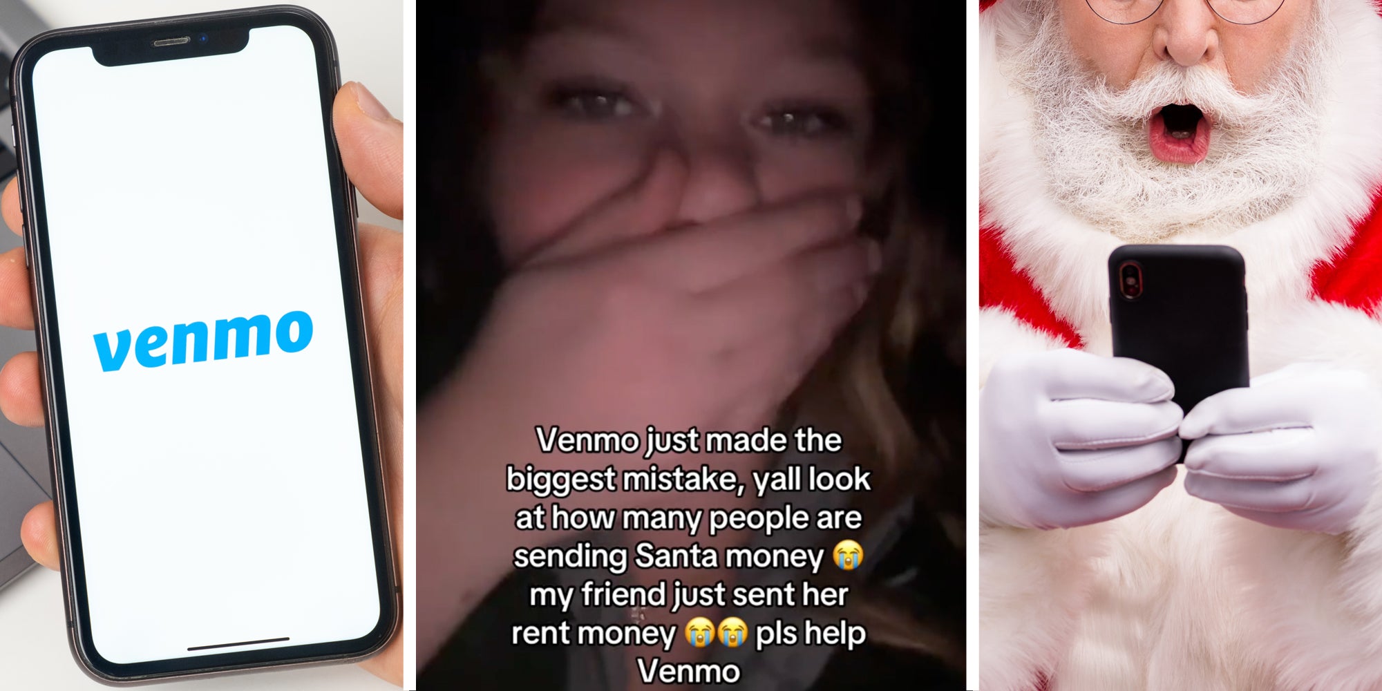 hand holding phone with vemmo app(l), Woman covering her face(c), Santa holding a phone(r)