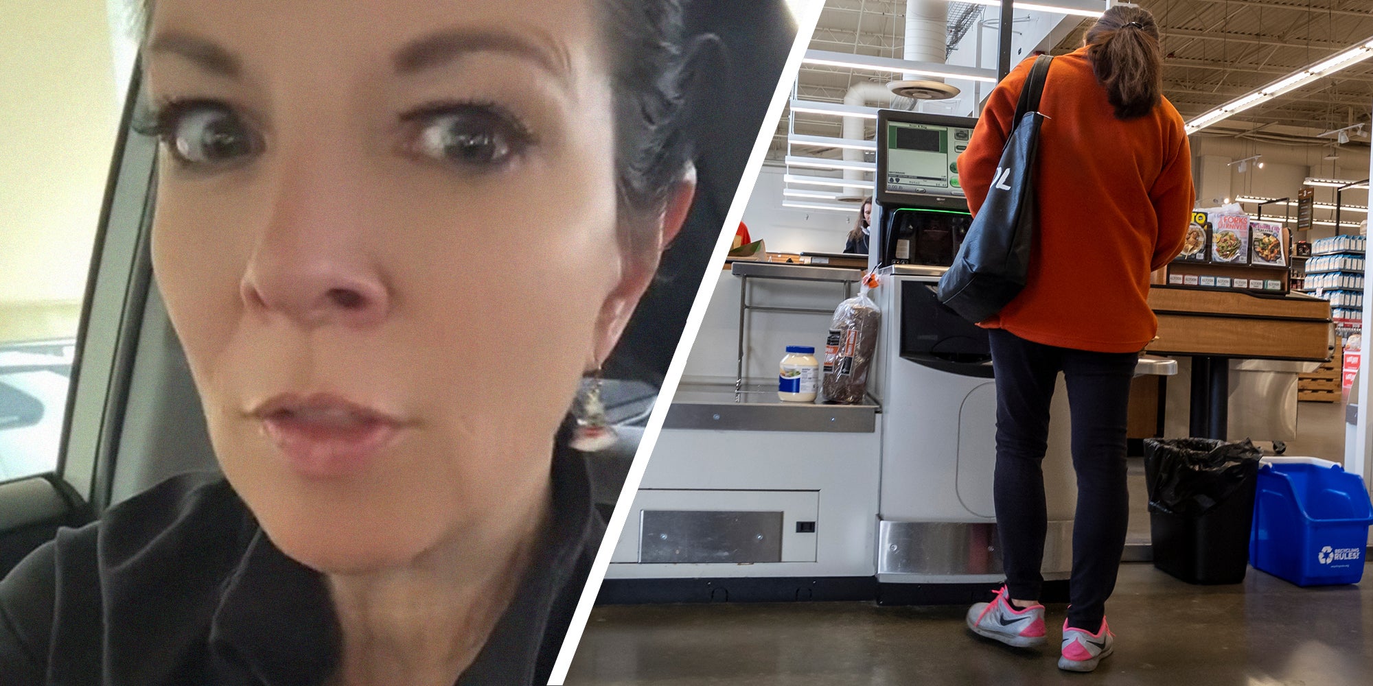 woman shares issues with Self checkout(l) Woman using self Checkout(r)