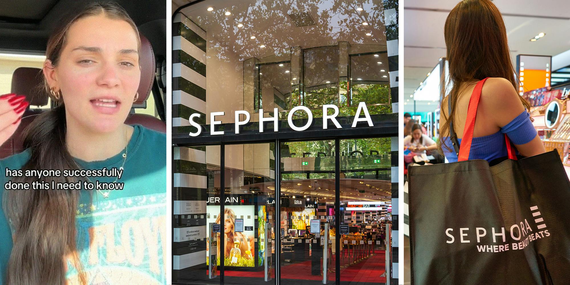 woman asks about sephora points(l) Sephora Store front(c) Woman with sephora tote bag in store(r)