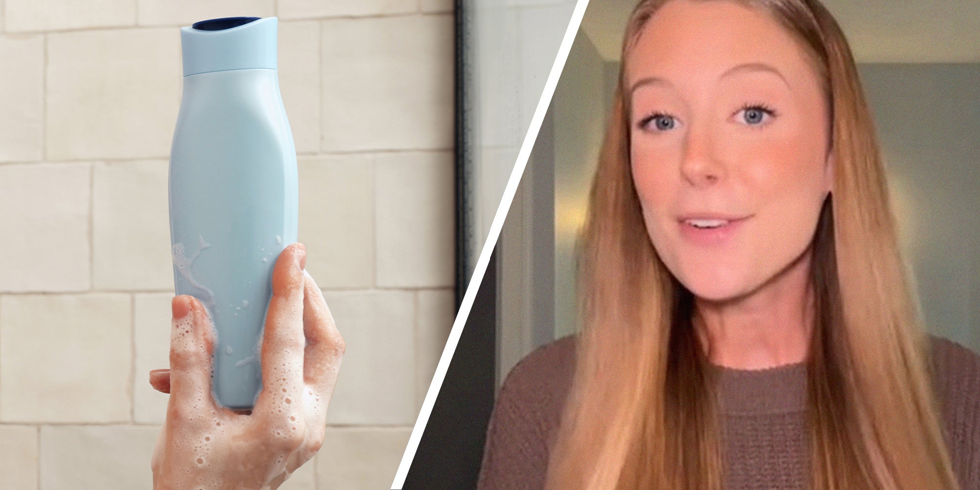 Soapy Hand holding Shampoo Bottle(l) Woman sharing information about shampoos(r)