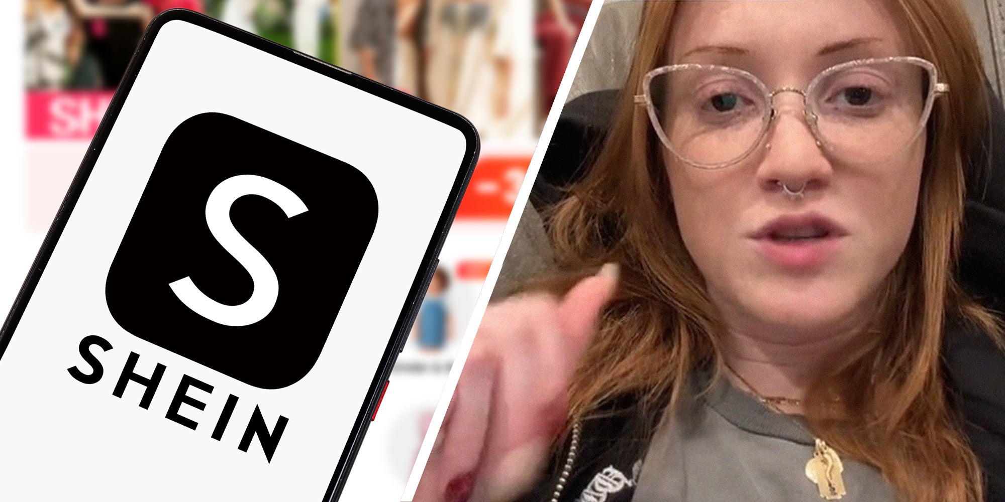 Shein logo on Phone Display(l) Woman sharing what Shein Knockoffs really are(r)