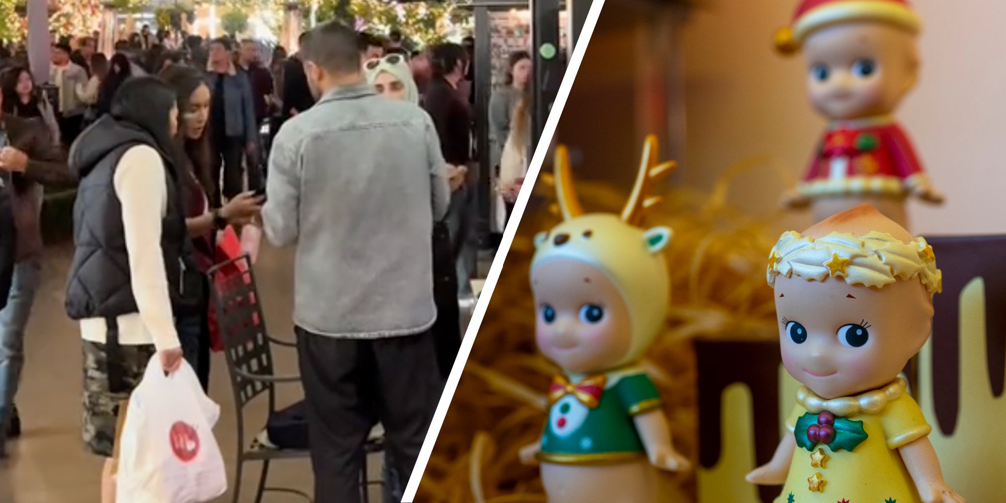 Shoppers at market(l), Christmas Sonny Angels(r)