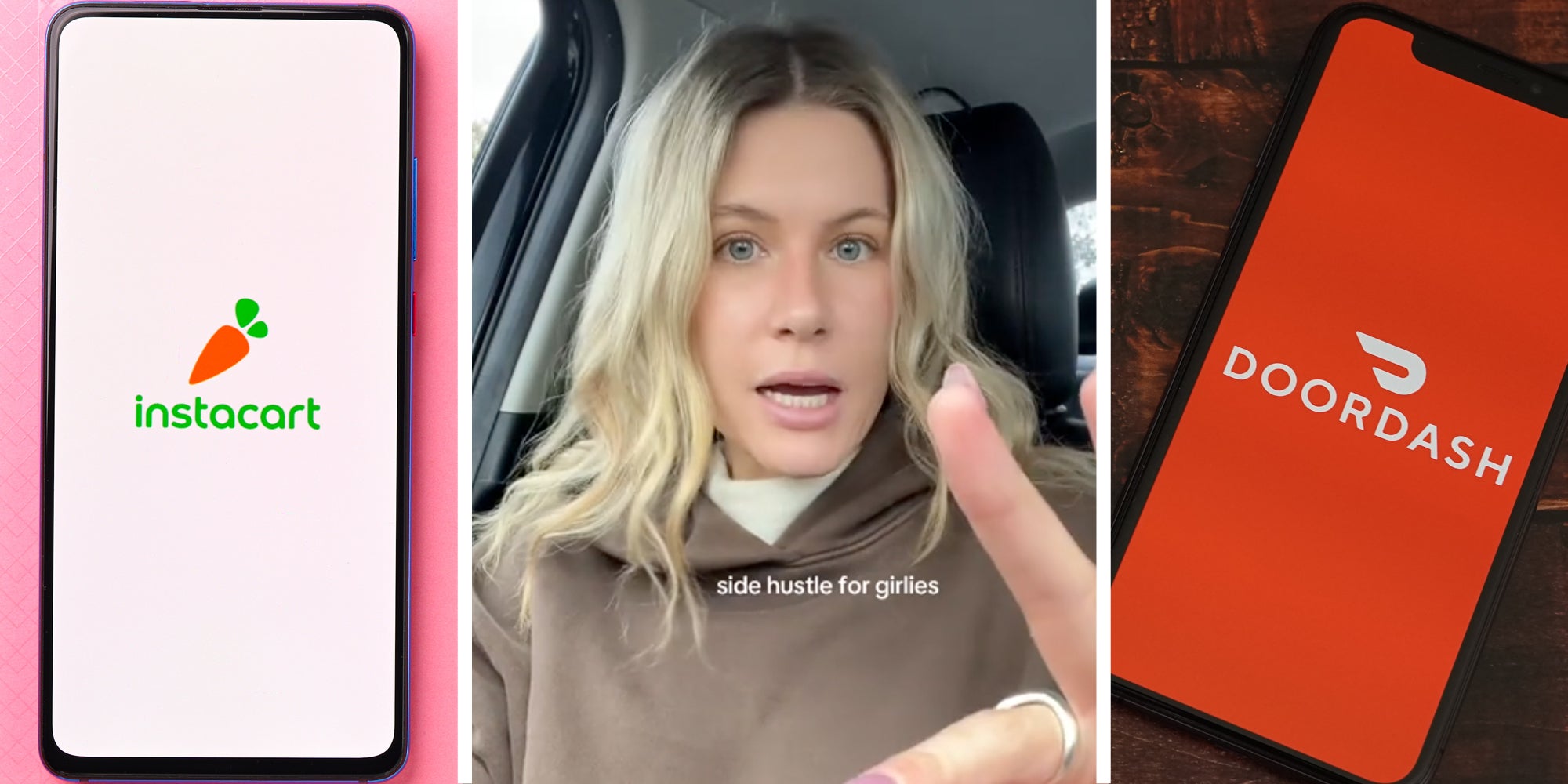Instacart app(l), Woman talking(c), Doordash app(r)