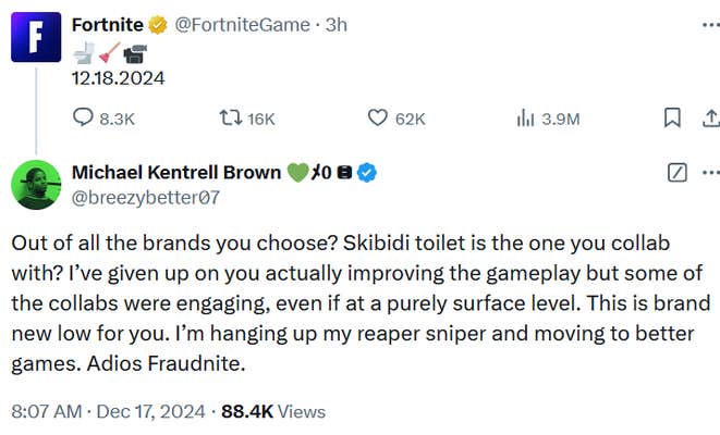Tweet reading "Out of all the brands you choose? Skibidi toilet is the one you collab with? I’ve given up on you actually improving the gameplay but some of the collabs were engaging, even if at a purely surface level. This is brand new low for you. I’m hanging up my reaper sniper and moving to better games. Adios Fraudnite."