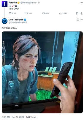 Skibidi Toilet Fortnite collab tweet with a photo of someone holding up a phone to their TV so it looks like a video game character is squinting at it.