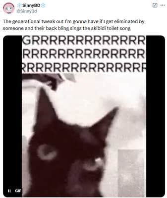 Skibidi Toilet Fortnite collab tweet with a gif of an angry black cat below the text "GRRRRRRRRRRRRRRRRRRRRRRRRRRR."