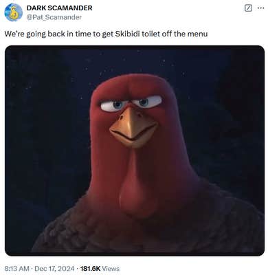 Skibidi Toilet Fortnite collab tweet with a screenshot of an angry cartoon chicken.