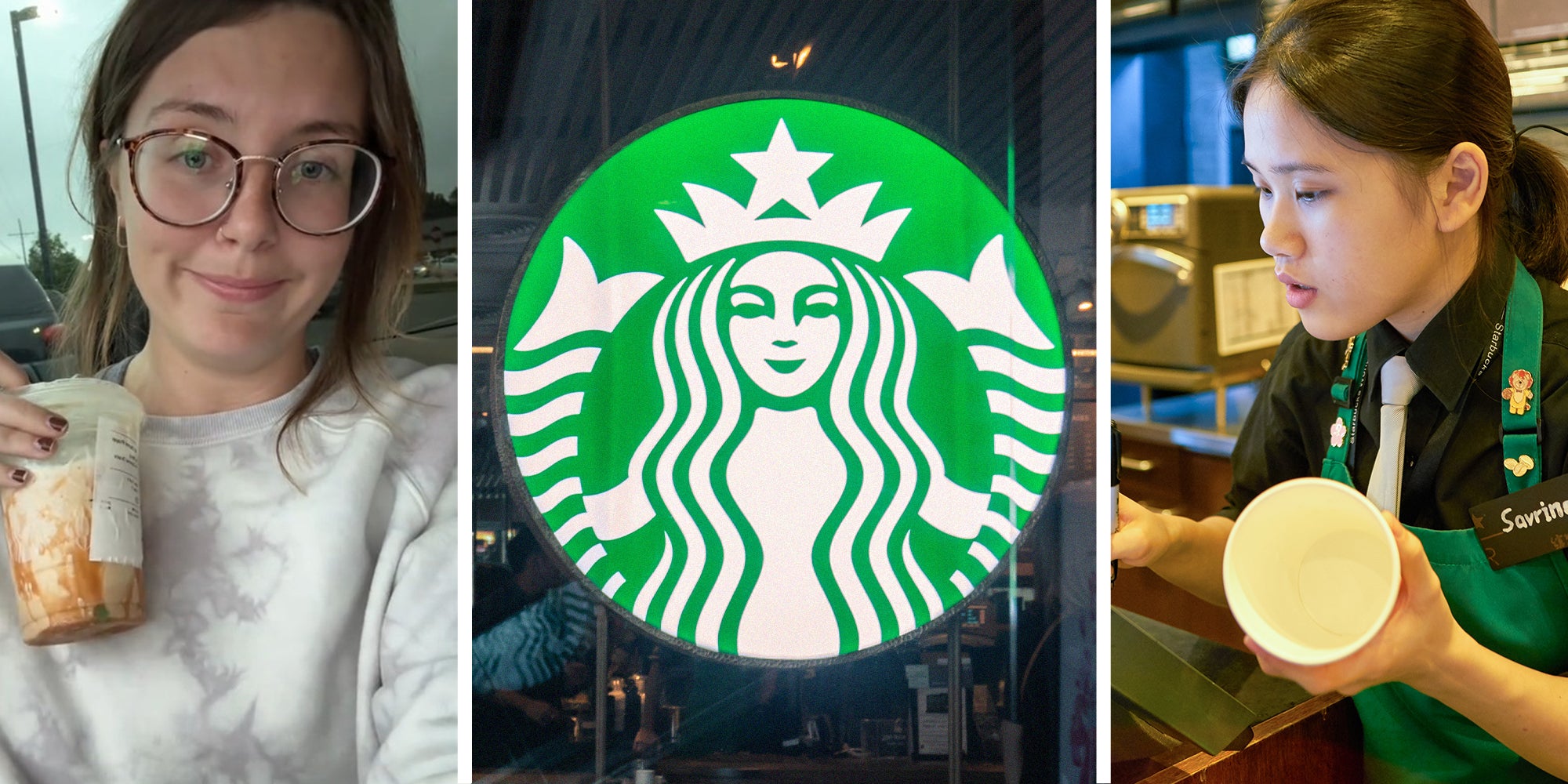 woman holding her starbucks drink(l) Starbucks Coffee Logo(c) Woman preparing starbucks order(r)