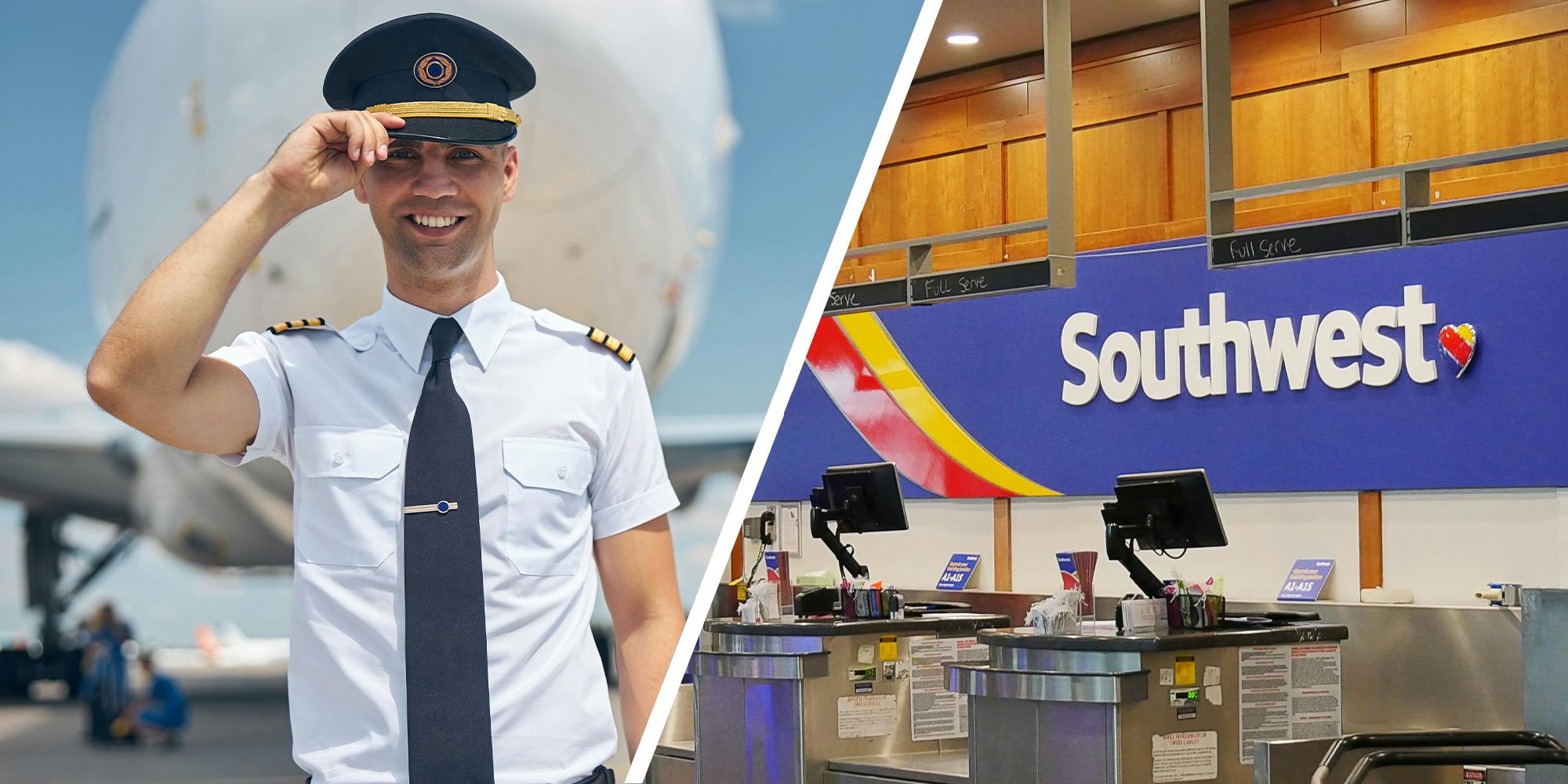 Pilot holding hat(l) Southwest Airlines(r)