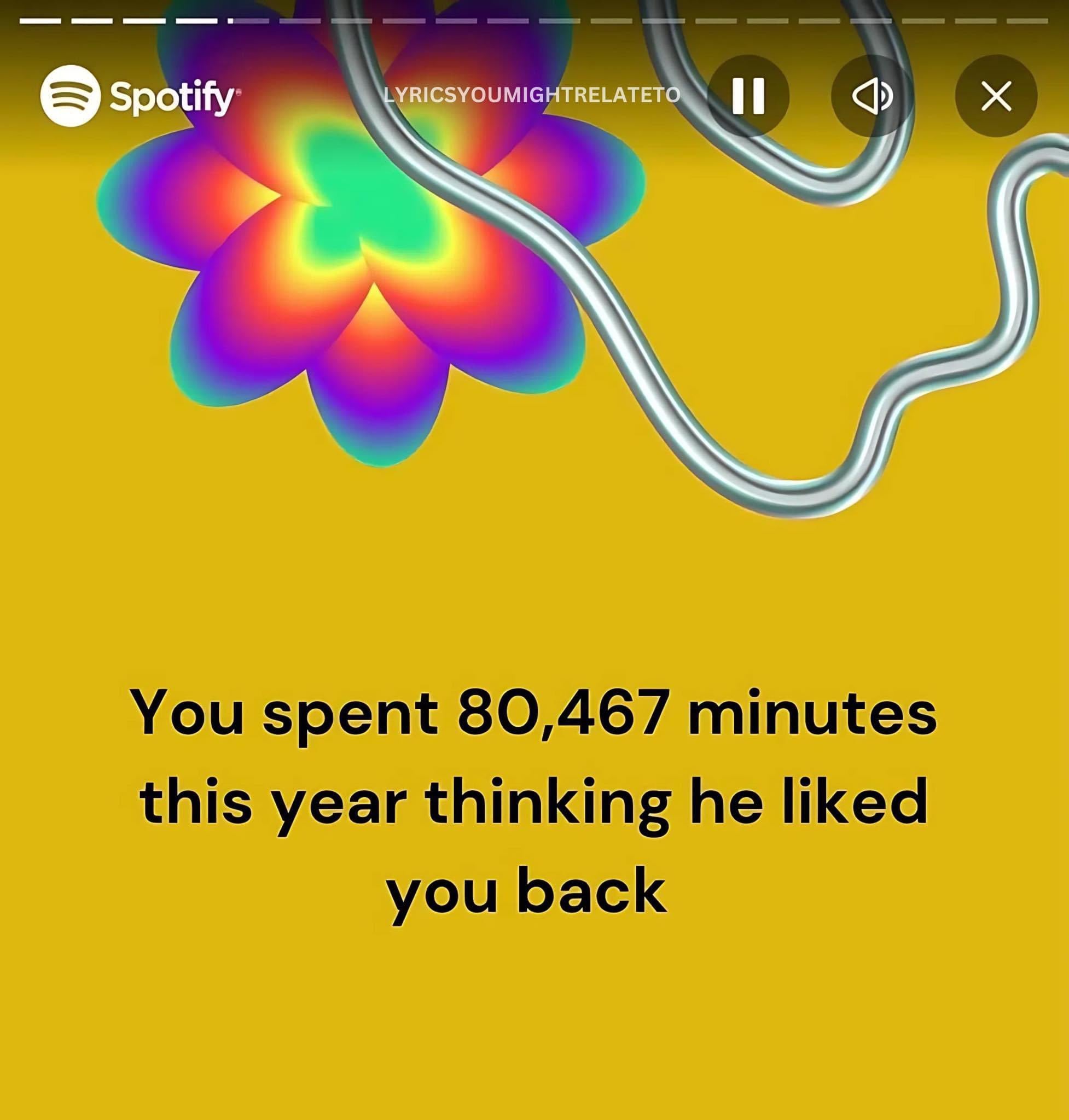 Spotify Wrapped meme that reads, 'You spent 80,467 minutes this year thinking he liked you back.'