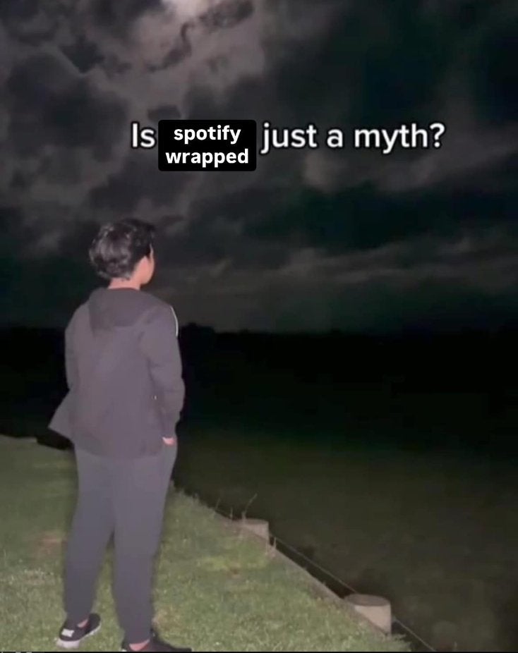 Spotify Wrapped meme that reads, 'Is spotify wrapped just a myth?' with a person staring out at a darkened sky.