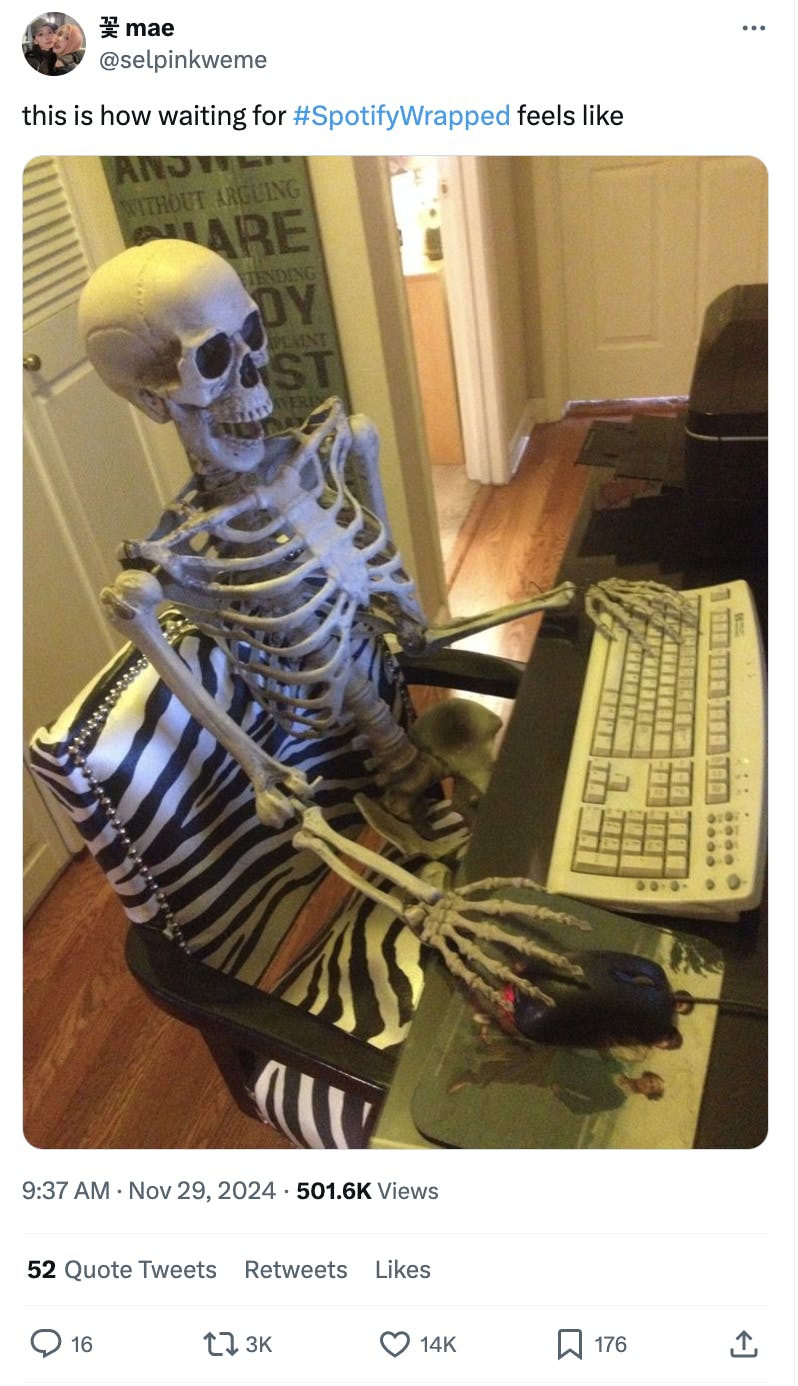 Tweet that reads, 'this is how waiting for #SpotifyWrapped feels like' with a photo of a skeleton at a computer desk.