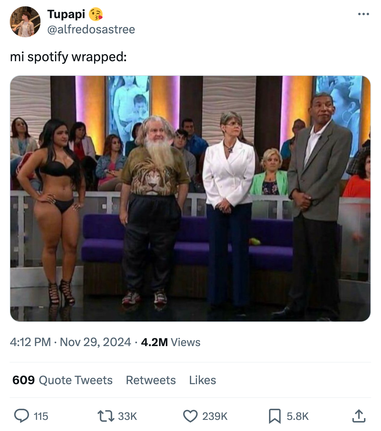 Tweet that reads, 'mi spotify wrapped:' with a photo of four very different people on a sound stage.