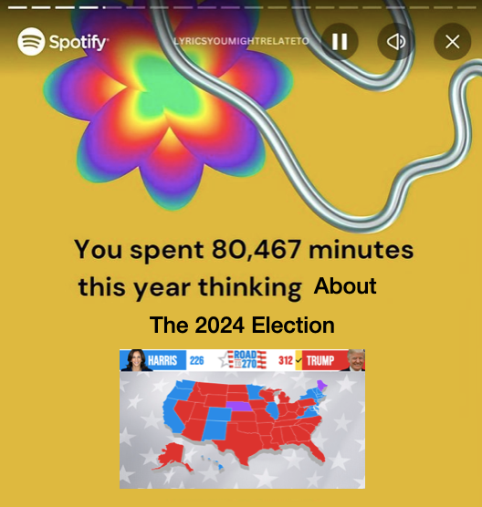 Spotify Wrapped meme that reads, 'You spent 80,467 minutes this year thinking About The 2024 Election.'