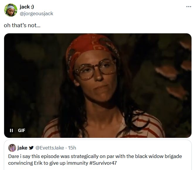 Oh that's not meme with a woman in glasses and a bandana on Survivor.