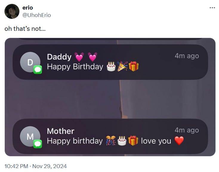 Oh that's not meme with happy birthday text messages from someone's mom and dad.