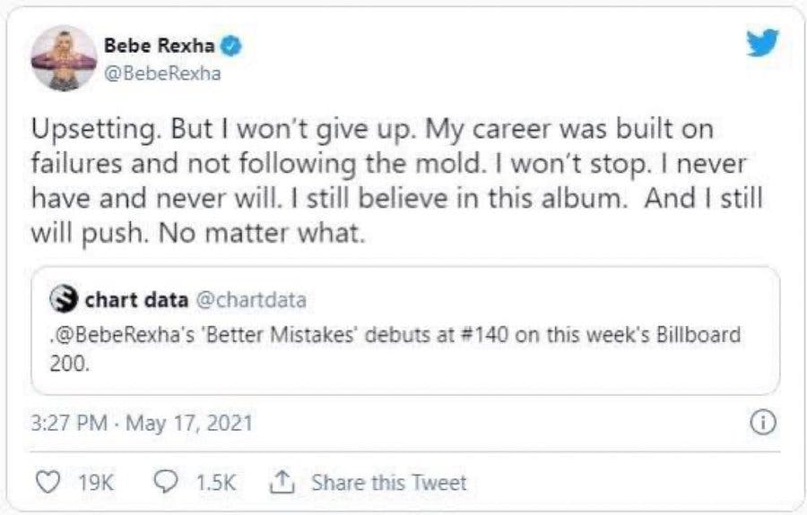 Stan Twitter meme with a Bebe Rexha tweet about her 'Better Mistakes' album.