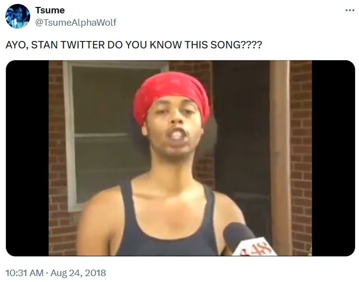 Stan Twitter do you know this song meme with a man in a black tank top and red bandana on the news.