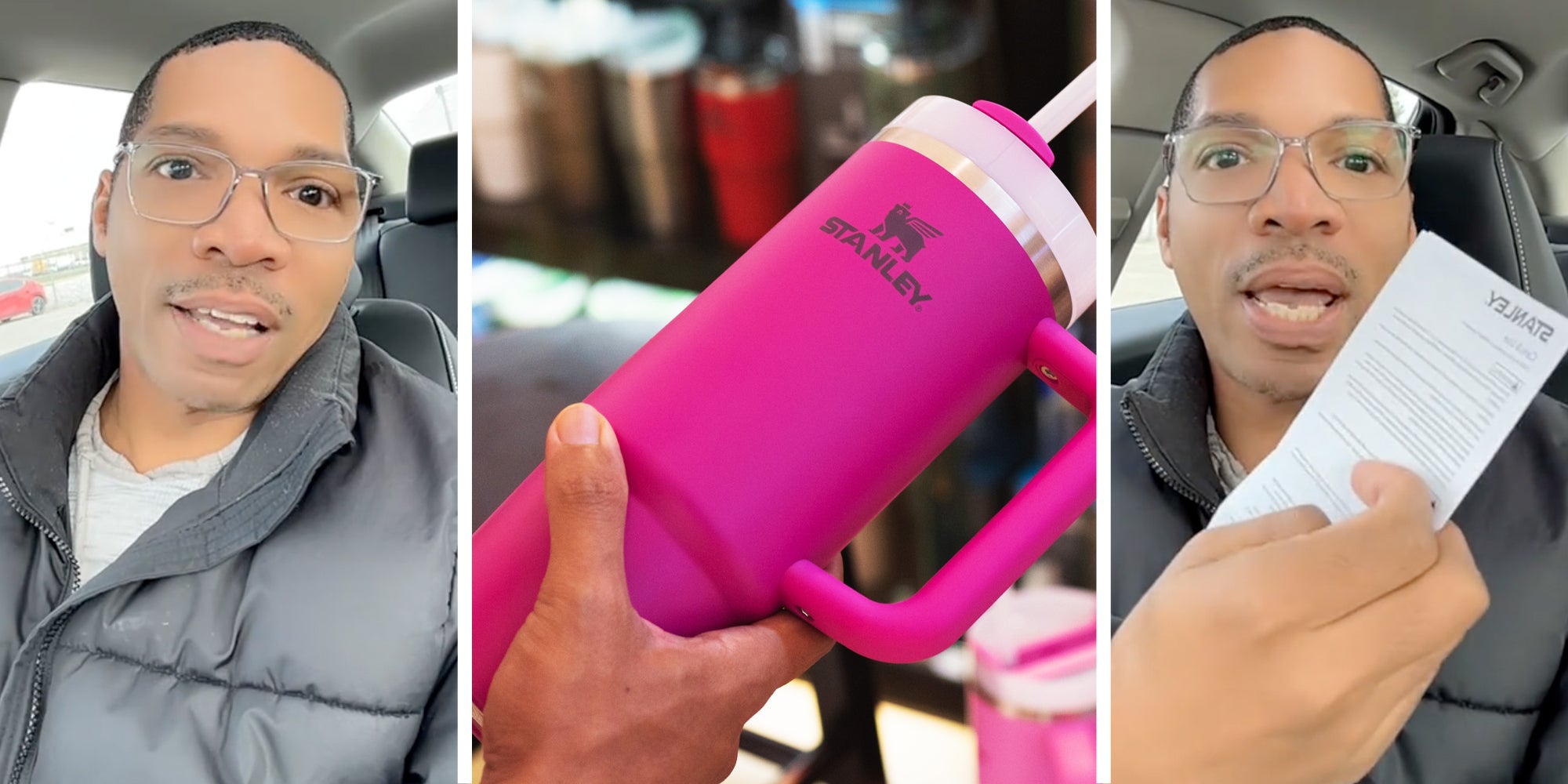 Man talking(l), Hand holding stanley cup(c), Man holding instructions(r)