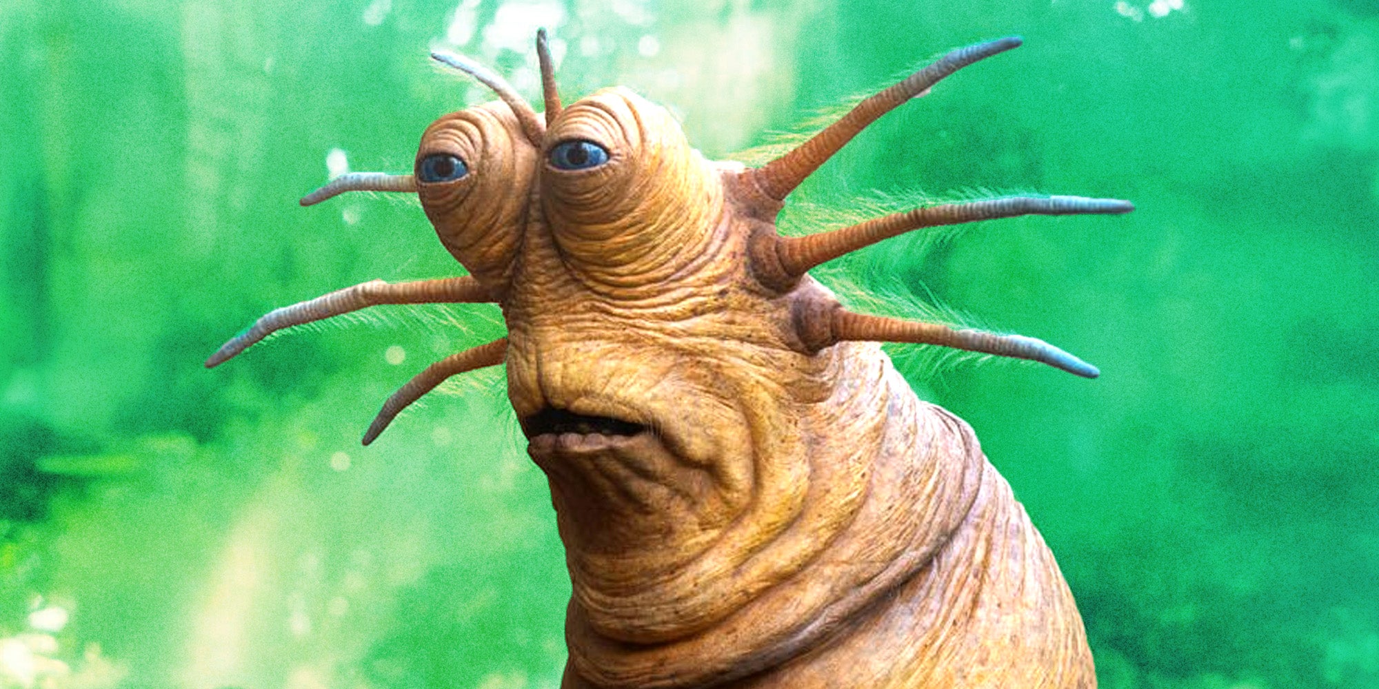 Large alien slug with bulging eyes, a frowny face, three antennas sticking out of either side of his face.