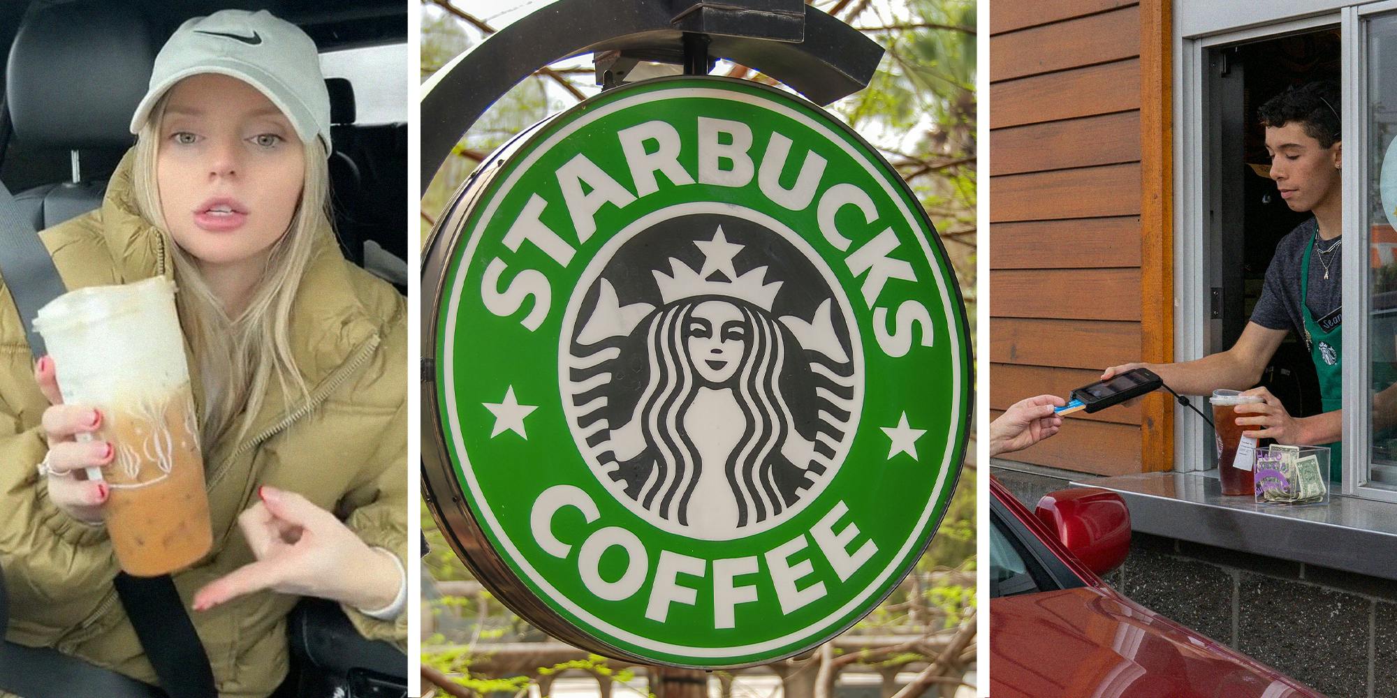 woman pointing at starbucks drink(l) Starbucks Sign(c) Starbucks drive thru worker(r)