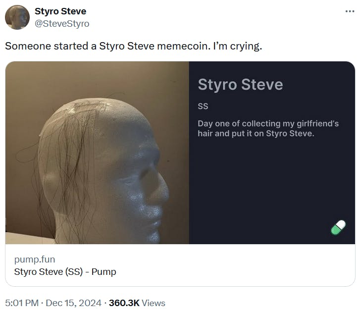 Tweet with a link to the Styro Steve meme coin page.