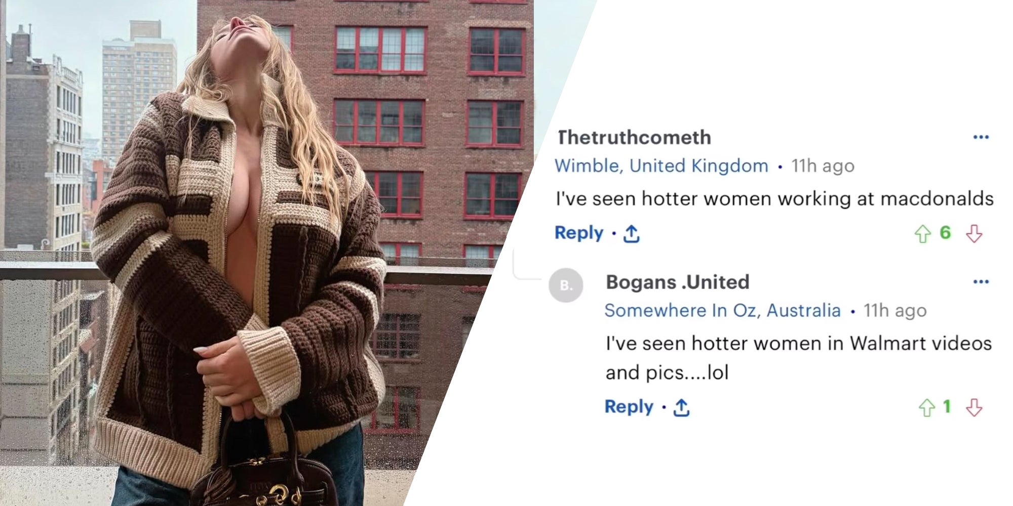 Sydney Sweeney on balcony(l), Comments that say "I've seen hotter women working at macdonalds" and "I've seen hotter women in Walmart videos and pics...lol"(r)