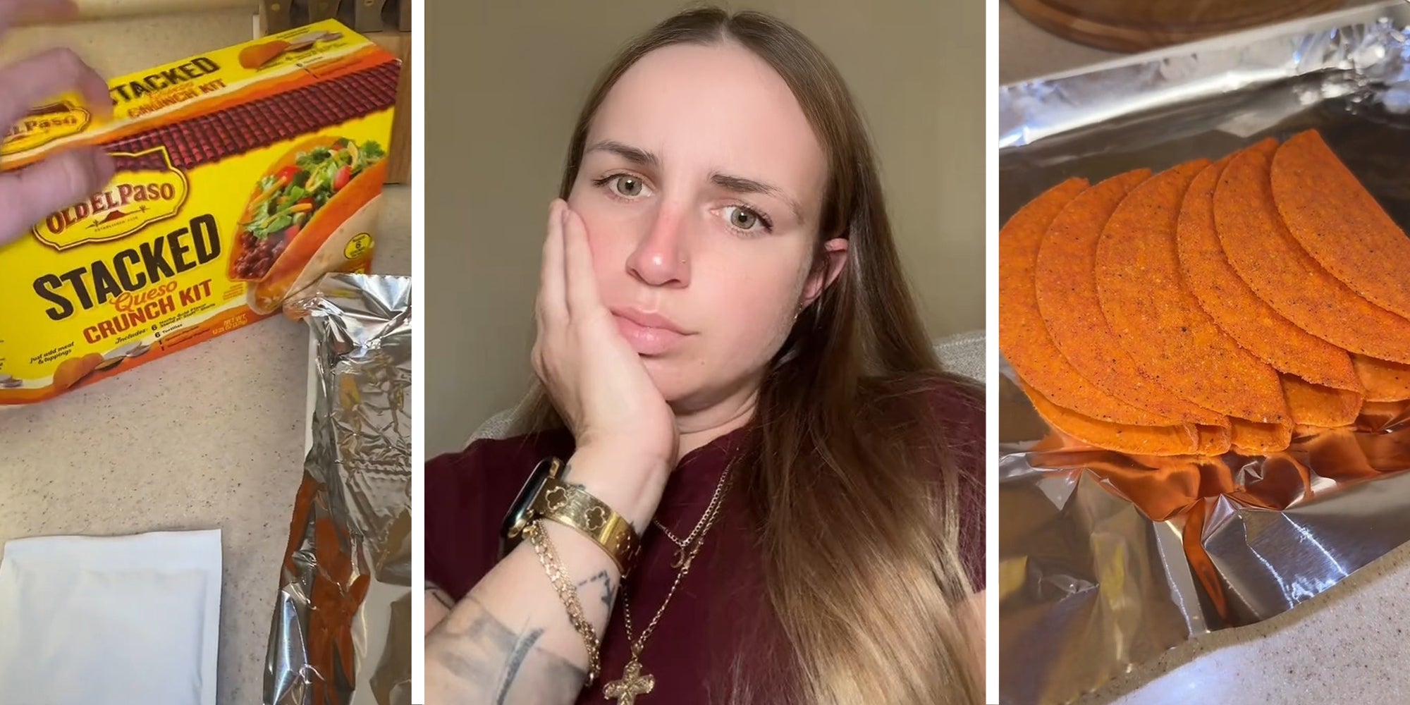 Old El Paso Taco Shell Box(l) Woman holding her face(c) Taco shells(r)