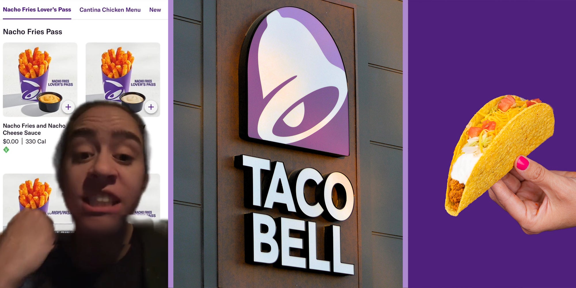woman showing taco bell hack(l) Taco bell Sign(c) Person Holding up Taco(r)