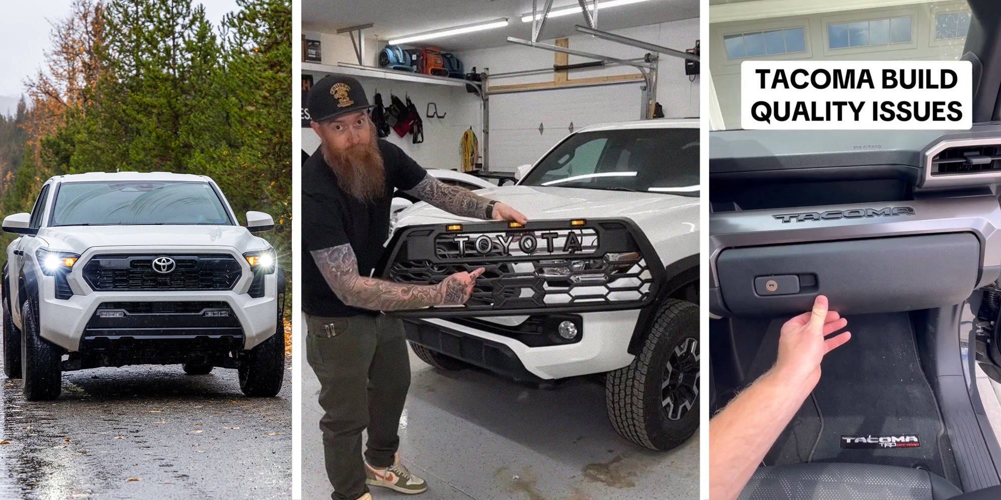 Toyota Tacoma(l) Man holding toyota tacoma grill(l) Man opening tacoma dashboard(r)