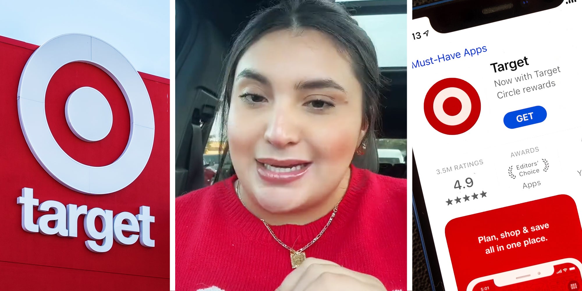 Target sign(l), Woman talking(c), Target app(r)
