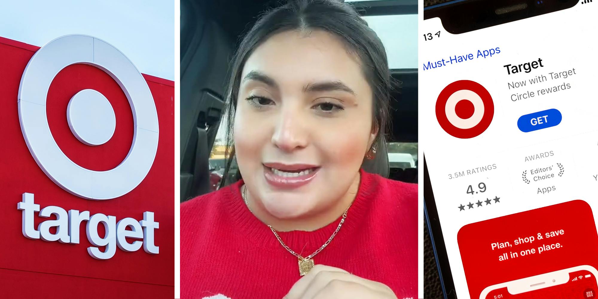 Target sign(l), Woman talking(c), Target app(r)