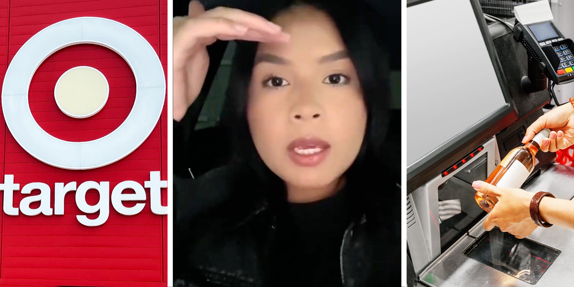 Target logo(l), Woman talking(c), Hands scanning item(r)