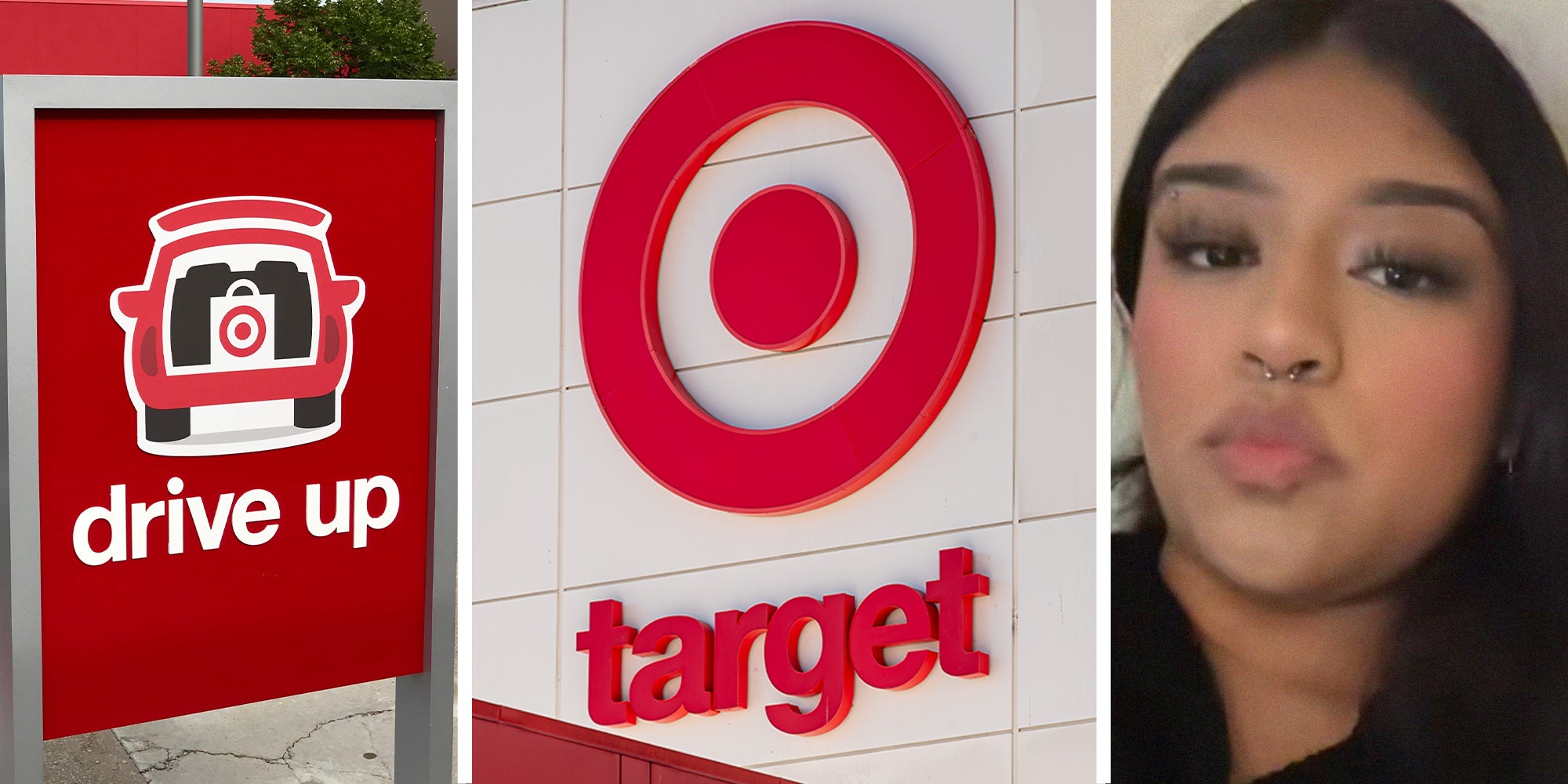 Target Drive up Sign(l) Target Store Logo on Building(c) Target worker shares story(r)