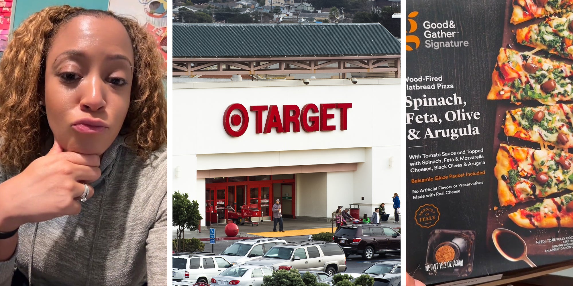Woman holding her chin(l) Target Store Front(c) Good and Gather Signature box Pizza(r)
