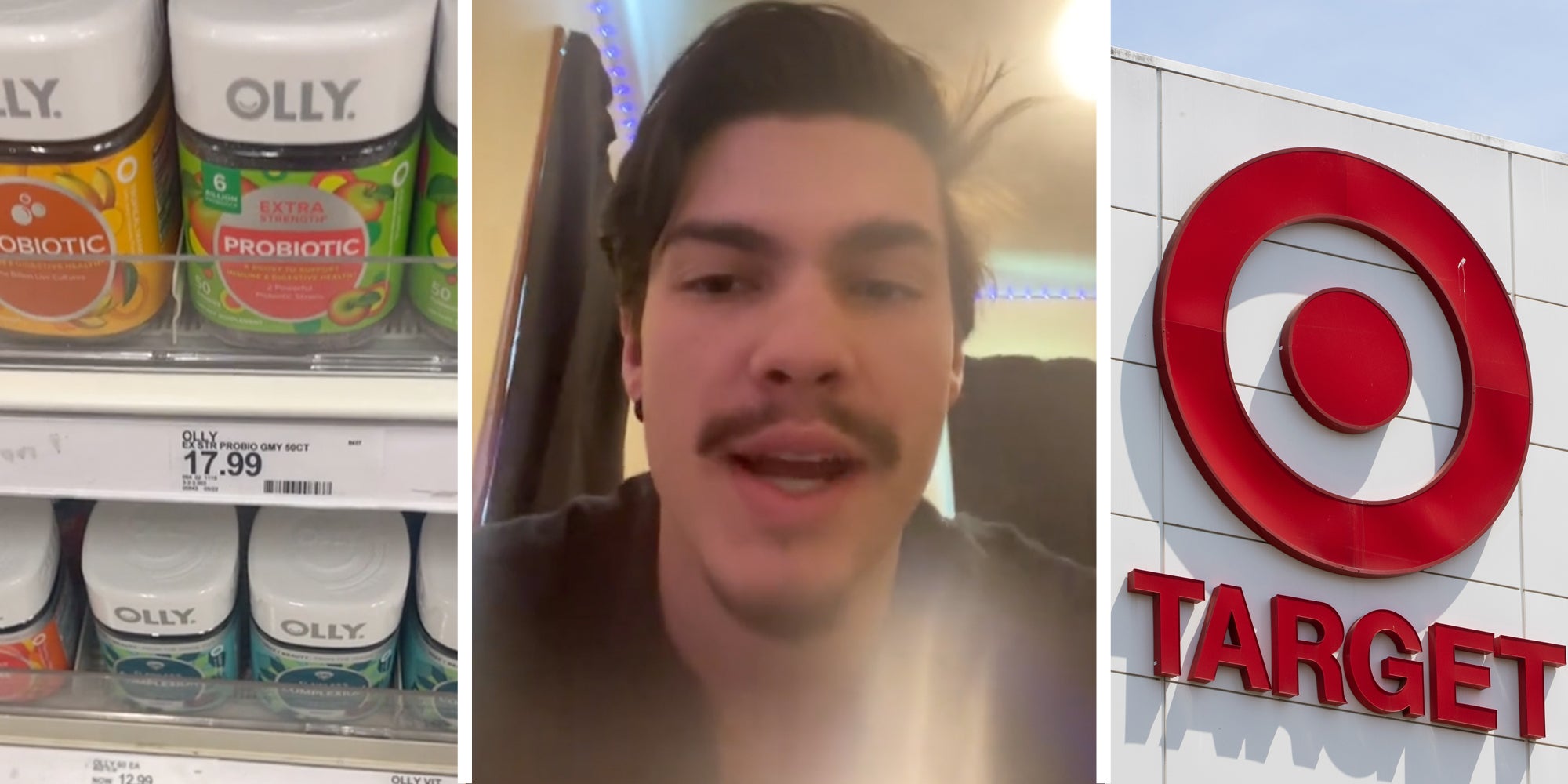 Items on shelf(l), man talking(c), Target logo(r)