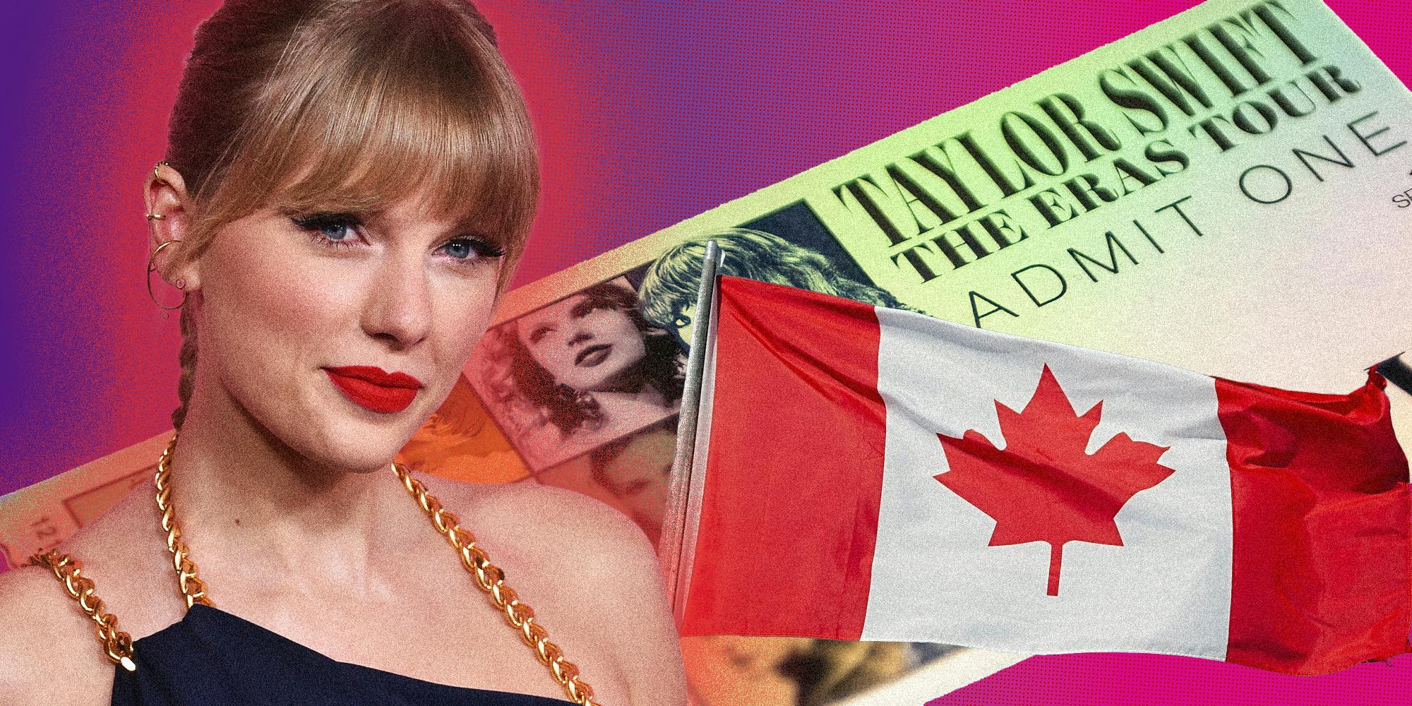 Taylor Swift over Canadian flag and eras tour ticket