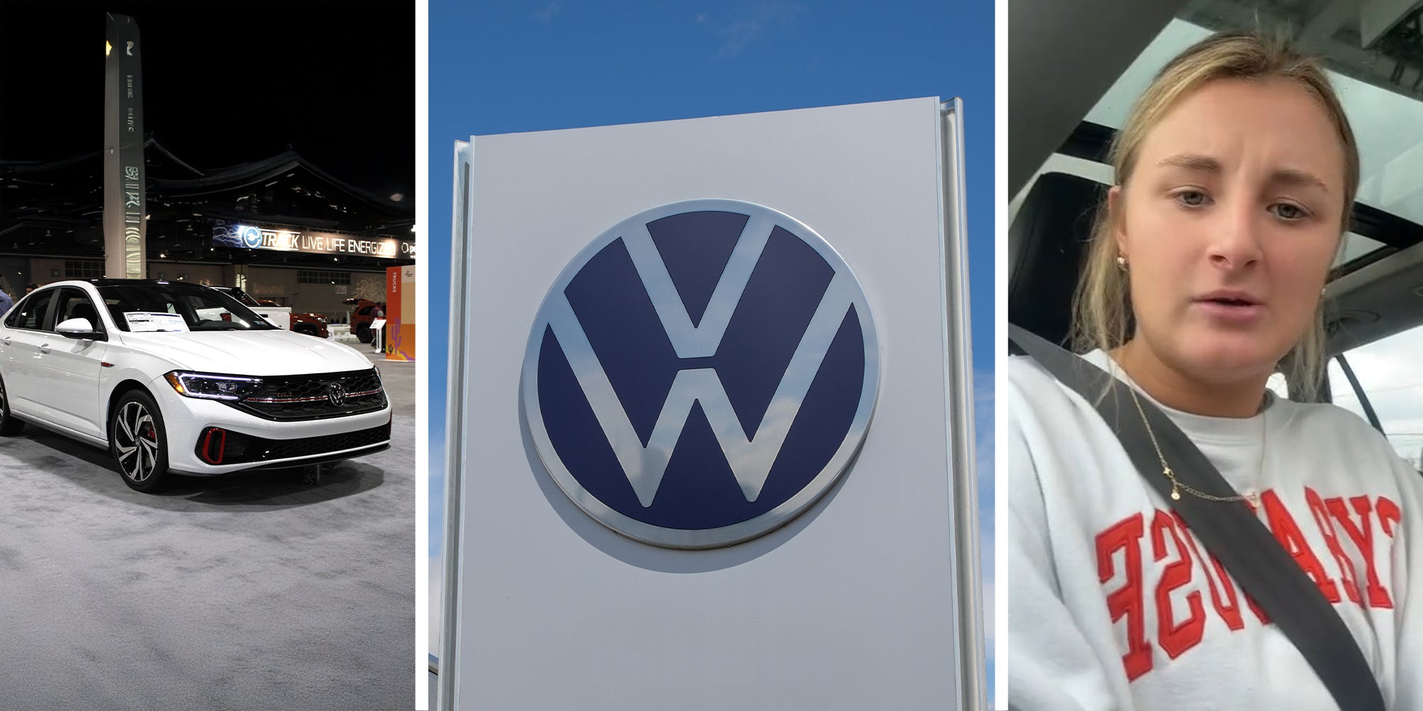 All New Volkswagen Jetta(l) Volkswagen Dealer Sign(C) Volkswagen owner sharing her experience filling up diesel with her car(r)