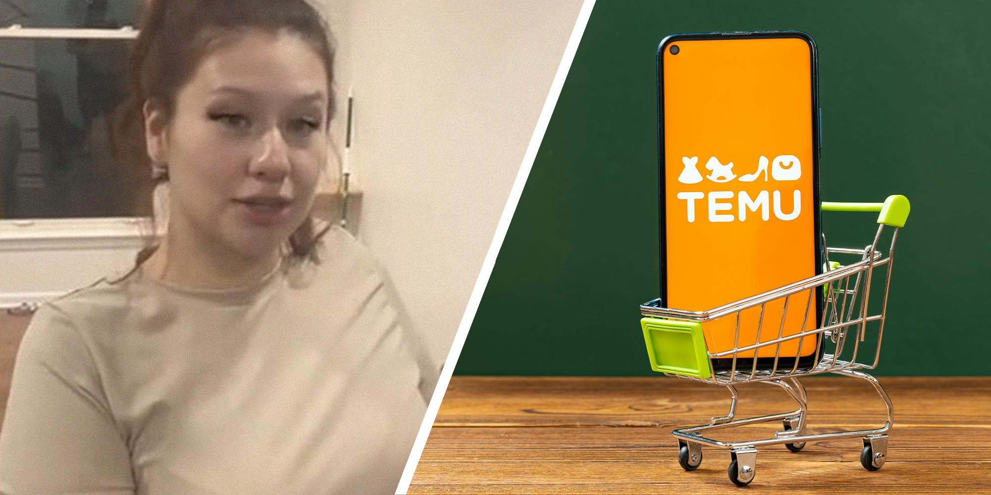 Woman shares what she ordered from Temu(l) Temu on Phone Display inside a Toy Cart(r)