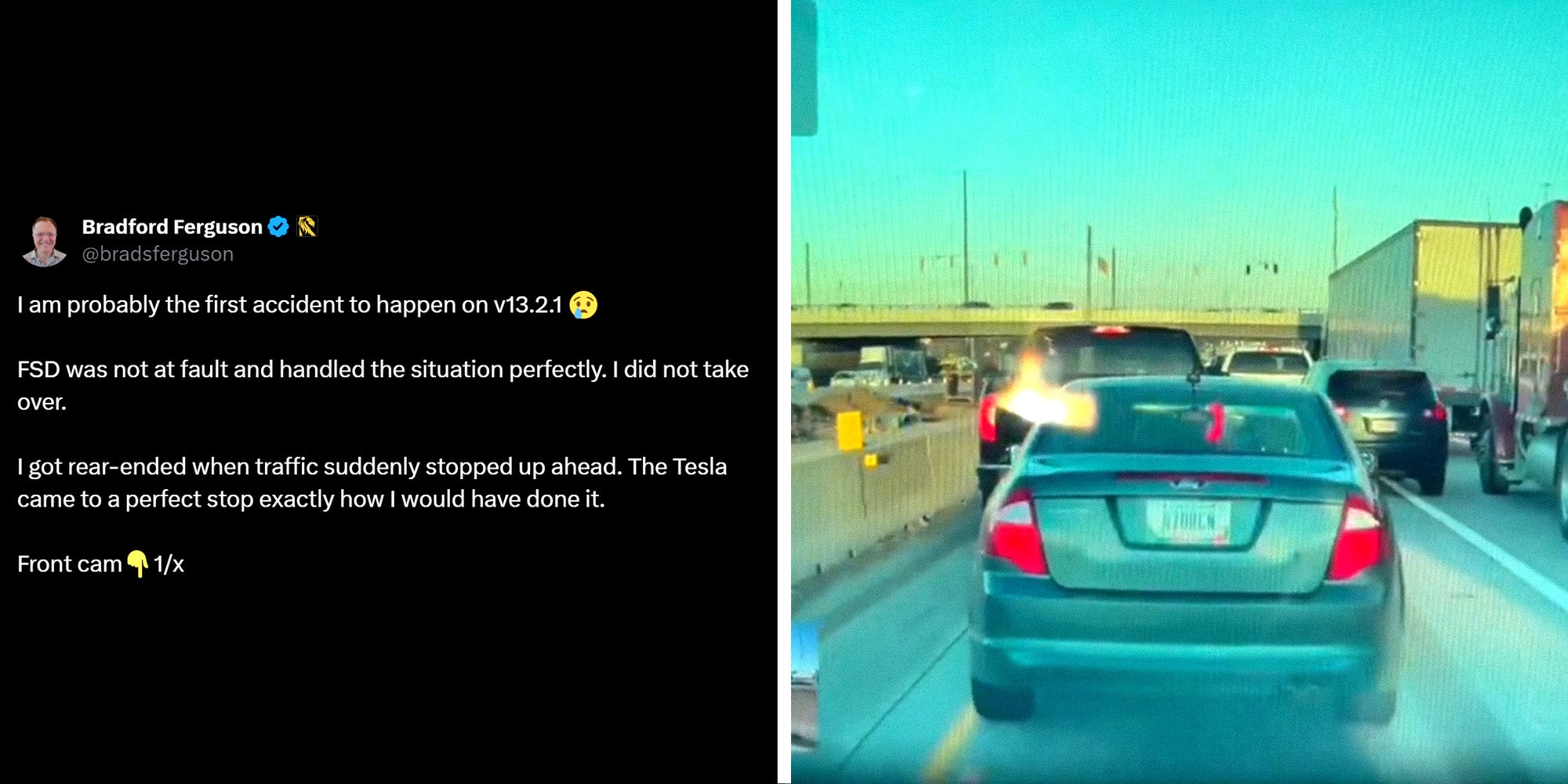 Two panel image. On the left, an X post from Bradford Ferguson reads '