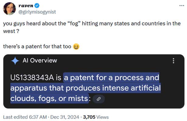 Tweet with a screenshot of an AI description of a fog machine patent reading "you guys heard about the “fog” hitting many states and countries in the west ? there’s a patent for that too."