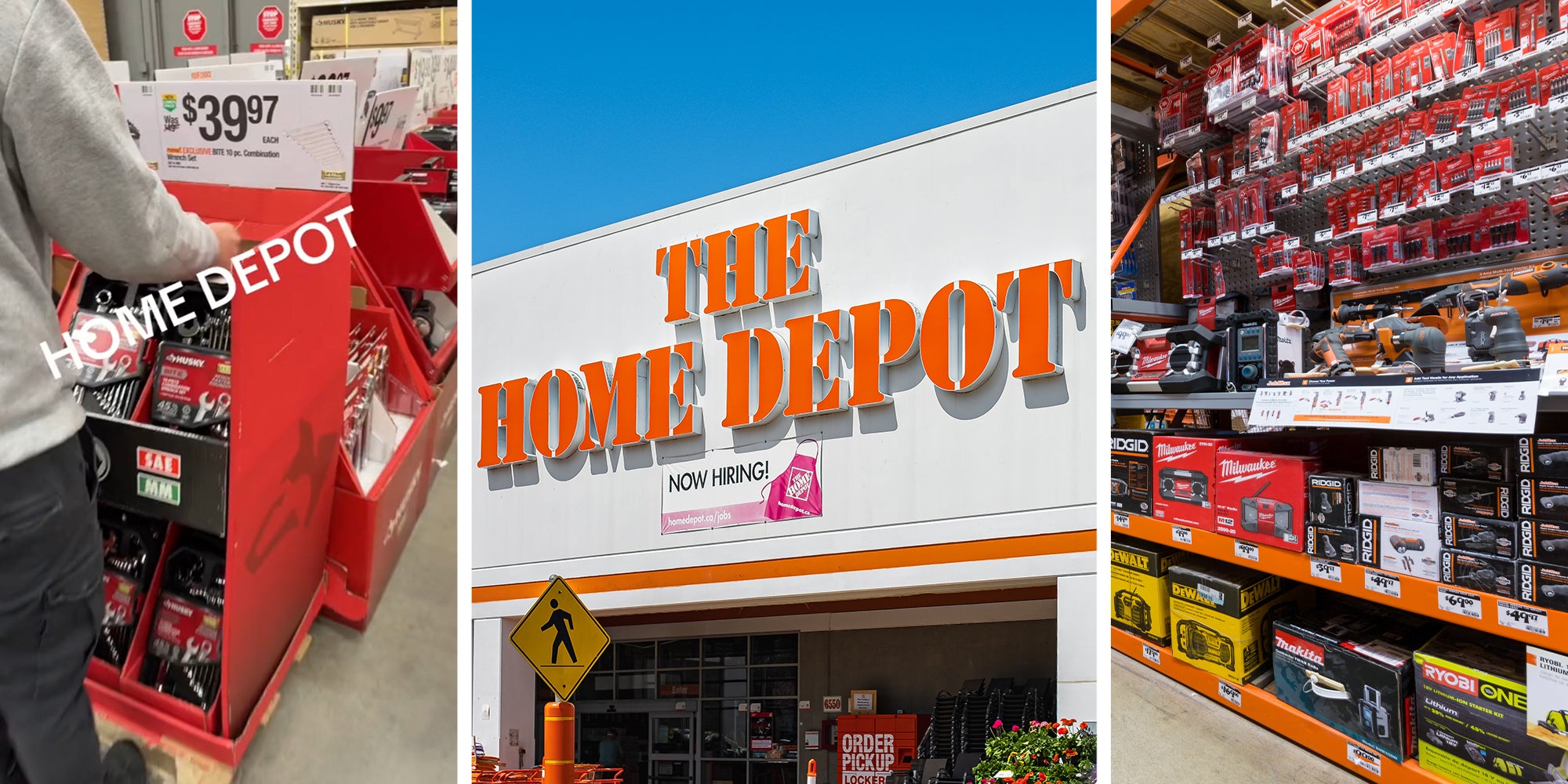 Home Depot customer checking prices(l) The Home Depot Store Front(c) Home Depot tools section(r)