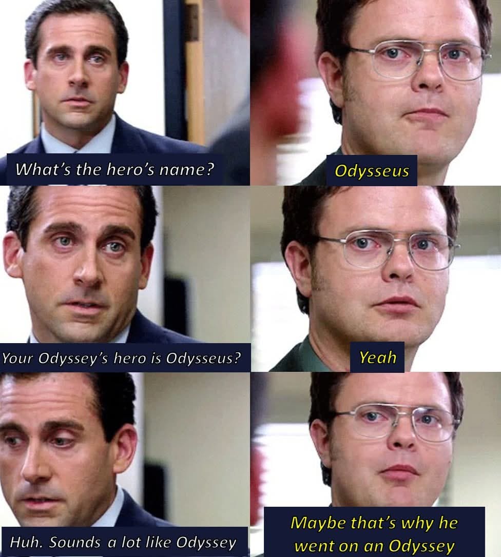 The Office meme with characters talking about Odysseus' name.