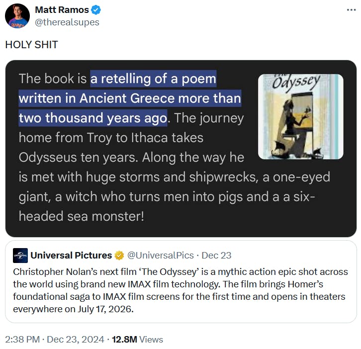 Tweet with a screenshot of Google results for 'The Odyssey' highlighting how old the story is.