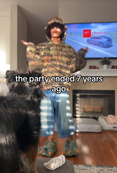 The Party Ended an Hour Ago and He's Still Here meme with a man in a camo hoodie saying 'the party ended 7 years ago.'