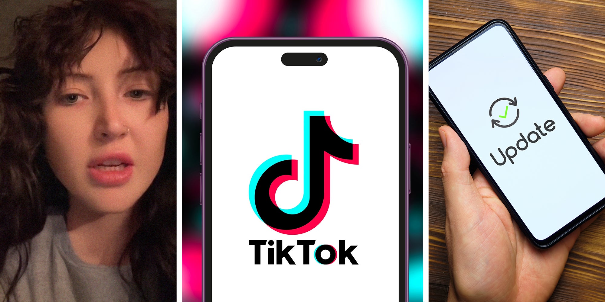 girl sharing why not to update TikTok App(l) TikTok Logo on phone with colorful background(c) Update icon on Phone screen(r)